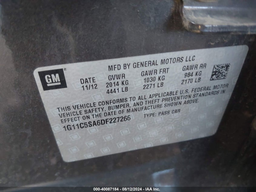 2013 Chevrolet Malibu 1Lt VIN: 1G11C5SA6DF227266 Lot: 40087184