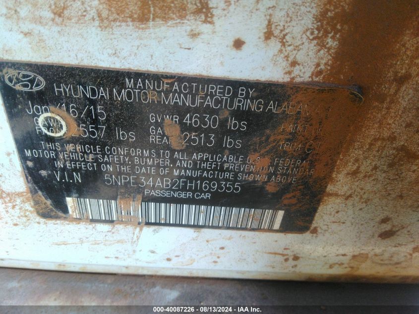 2015 Hyundai Sonata Limited 2.0T VIN: 5NPE34AB2FH169355 Lot: 40087226