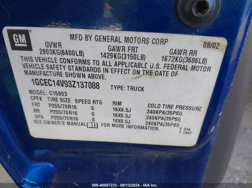 2003 Chevrolet Silverado 1500 Work Truck VIN: 1GCEC14V93Z137088 Lot: 40087233