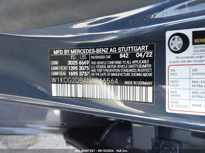 2022 Mercedes-Benz Eqs 450+ VIN: W1KCG2DB4NA016564 Lot: 40087281