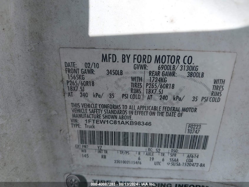 2010 Ford F-150 Fx2 Sport/Xl/Xlt VIN: 1FTEW1C81AKB98346 Lot: 40087283