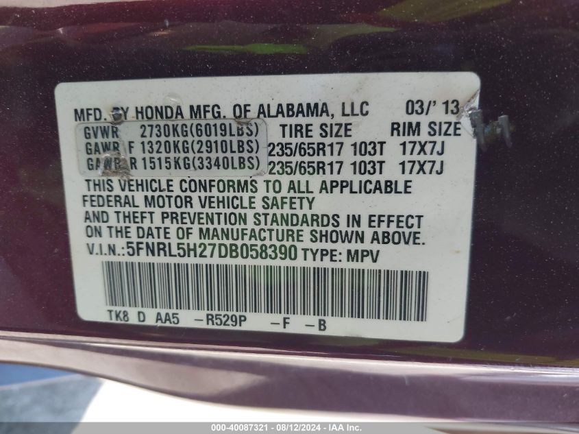 2013 Honda Odyssey Lx VIN: 5FNRL5H27DB058390 Lot: 40087321