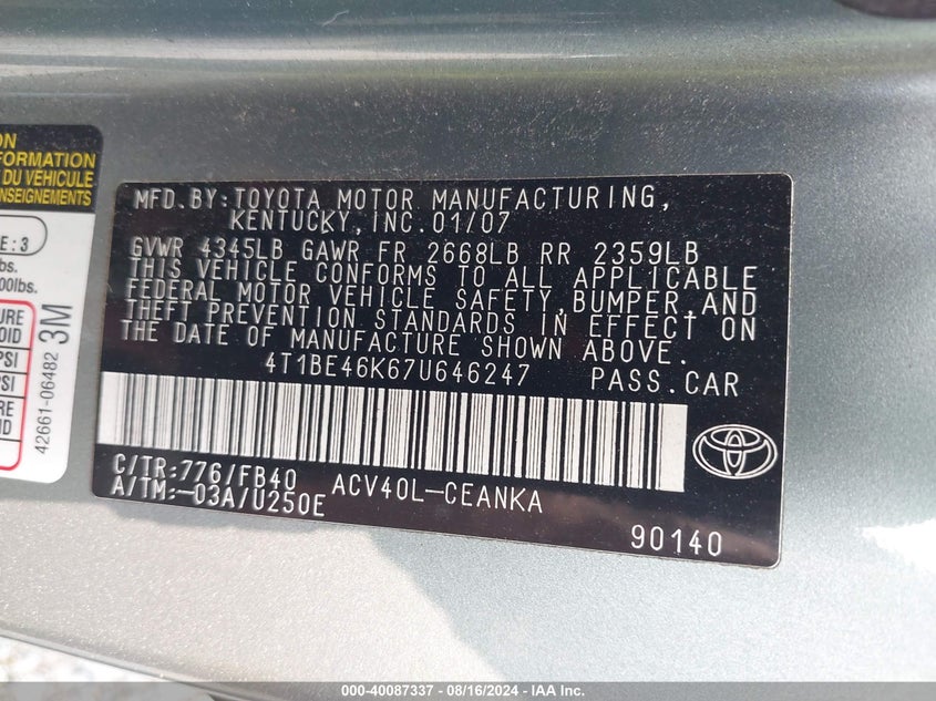 2007 Toyota Camry Le VIN: 4T1BE46K67U646247 Lot: 40087337