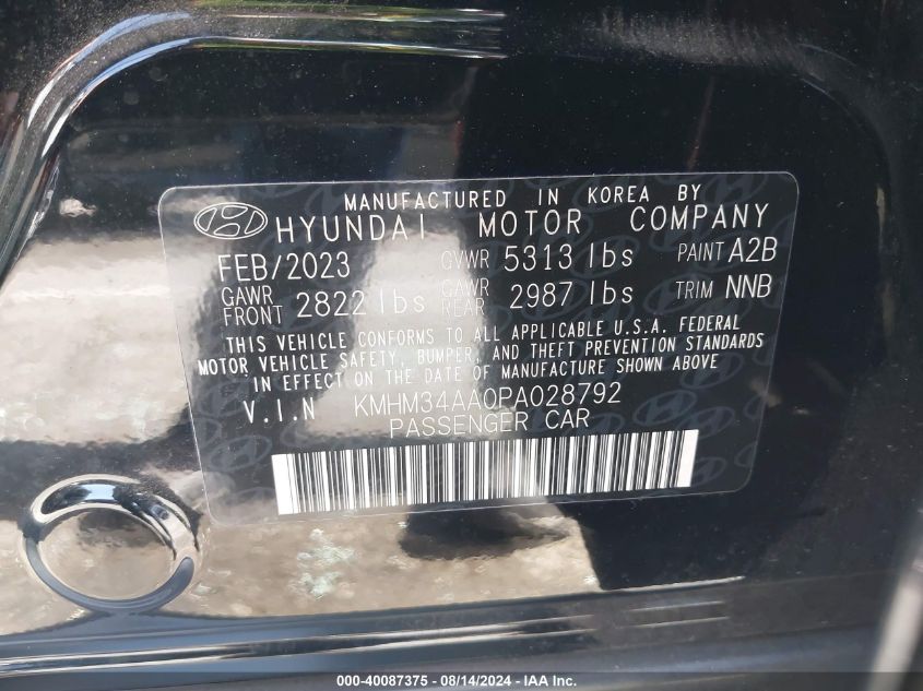 2023 Hyundai Ioniq 6 Sel VIN: KMHM34AA0PA028792 Lot: 40087375