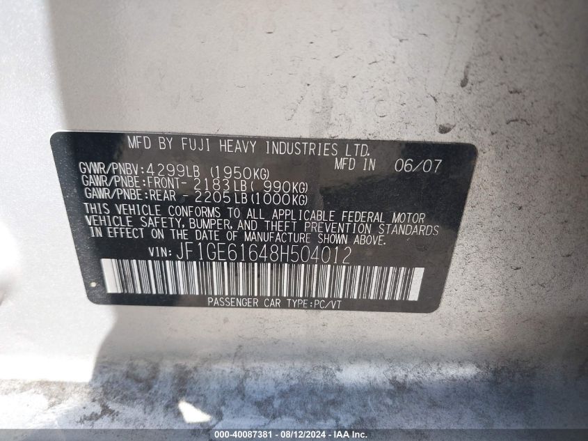 2008 Subaru Impreza 2.5I VIN: JF1GE61648H504012 Lot: 40087381