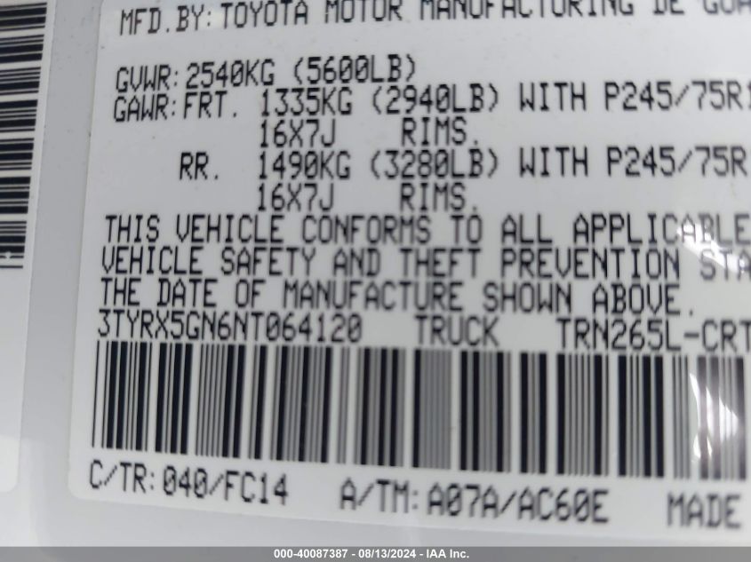 2022 Toyota Tacoma Access Cab/Sr/Sr5 VIN: 3TYRX5GN6NT064120 Lot: 40087387