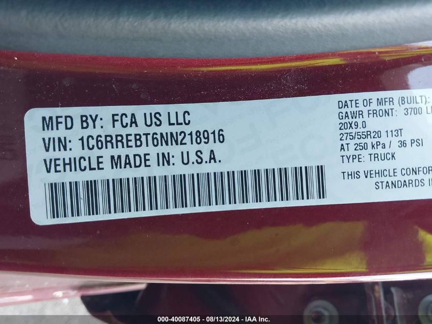 2022 Ram 1500 Big Horn/Lone Star VIN: 1C6RREBT6NN218916 Lot: 40087405