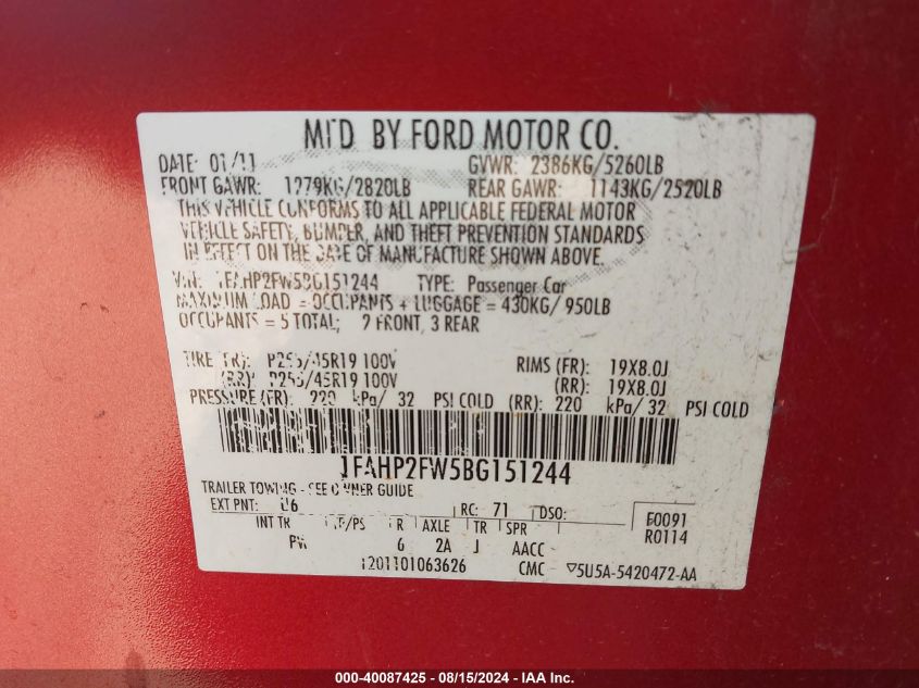 1FAHP2FW5BG151244 2011 Ford Taurus Limited