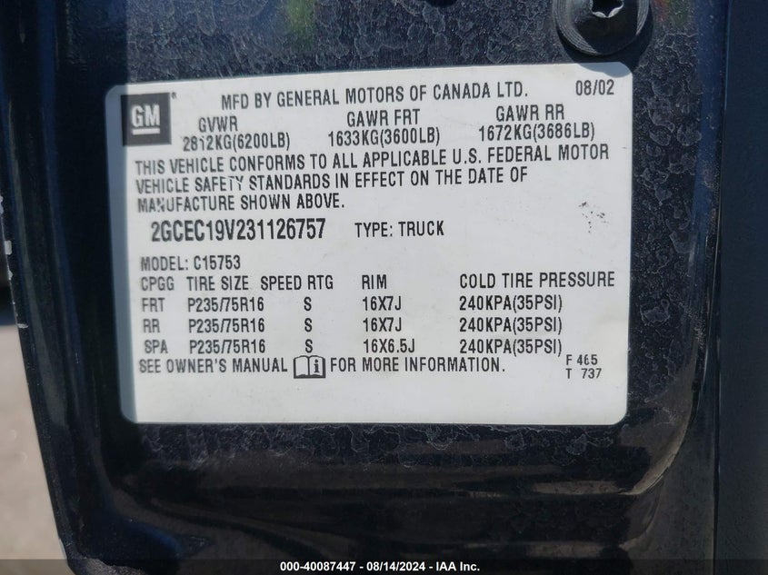 2003 Chevrolet Silverado 1500 Ls VIN: 2GCEC19V231126757 Lot: 40087447