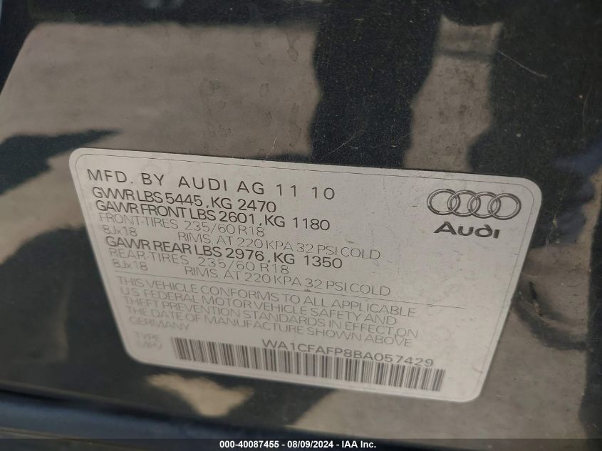 2011 Audi Q5 2.0T Premium VIN: WA1CFAFP8BA057429 Lot: 40087455