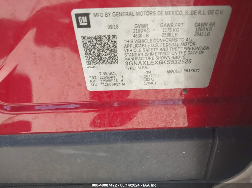 VIN 3GNAXLEX6KS532525 2019 CHEVROLET EQUINOX LT