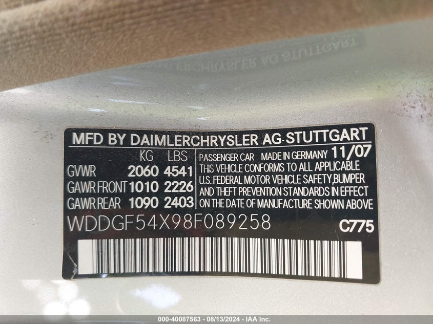 2008 Mercedes-Benz C 300 Luxury/Sport VIN: WDDGF54X98F089258 Lot: 40087563