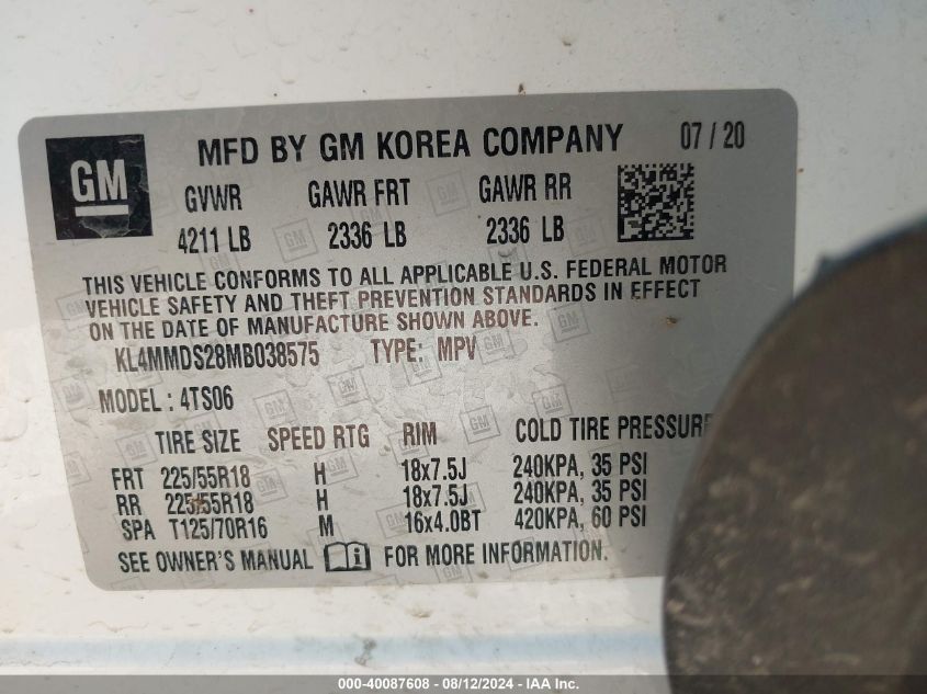 2021 Buick Encore Gx Fwd Select VIN: KL4MMDS28MB038575 Lot: 40087608