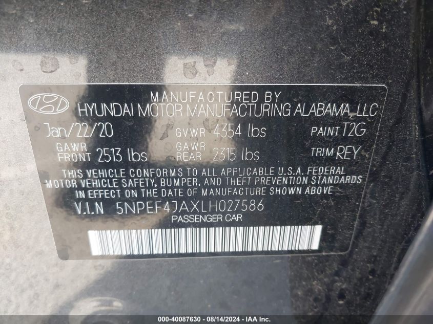 2020 Hyundai Sonata Sel VIN: 5NPEF4JAXLH027586 Lot: 40087630