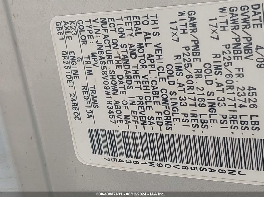 2009 Nissan Rogue Sl VIN: JN8AS58V09W183457 Lot: 40087631