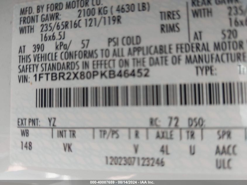 2023 Ford Transit T-250 VIN: 1FTBR2X80PKB46452 Lot: 40087659