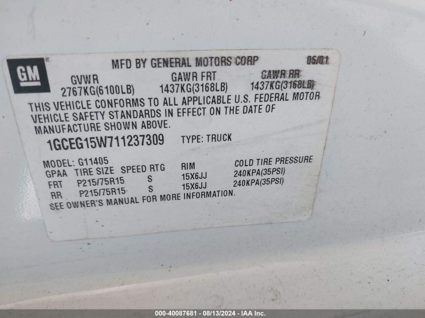 2001 Chevrolet Express G1500 VIN: 1GCEG15W711237309 Lot: 40087681