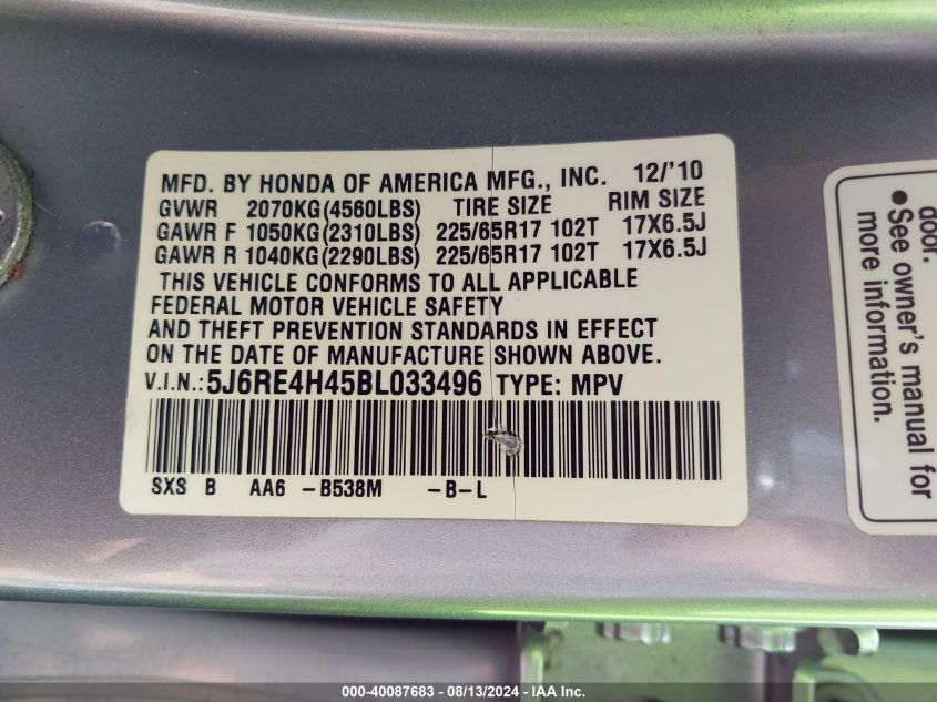 2011 Honda Cr-V Se VIN: 5J6RE4H45BL033496 Lot: 40087683