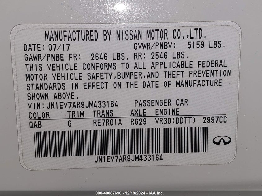 2018 INFINITI Q50 VIN: JN1EV7AR9JM433164