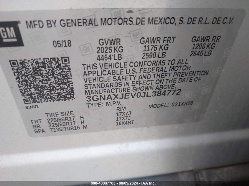 2018 Chevrolet Equinox Lt VIN: 3GNAXJEV0JL384772 Lot: 40087703