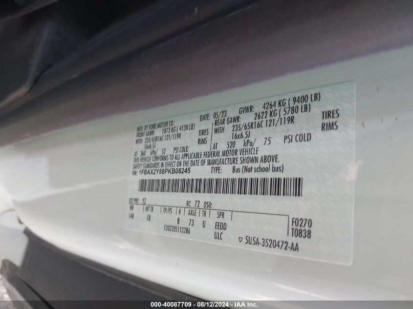 2023 Ford Transit-350 Passenger Van Xlt VIN: 1FBAX2Y88PKB08245 Lot: 40087709