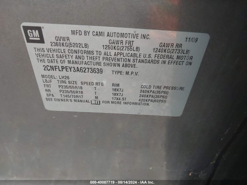 2010 Chevrolet Equinox Lt VIN: 2CNFLPEY3A6273639 Lot: 40087719