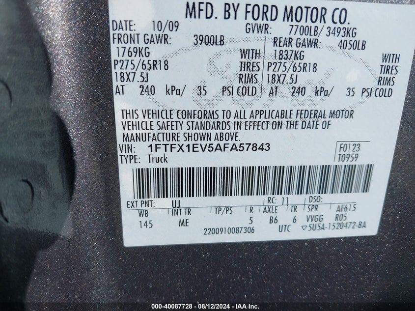 2010 Ford F-150 Xlt VIN: 1FTFX1EV5AFA57843 Lot: 40087728