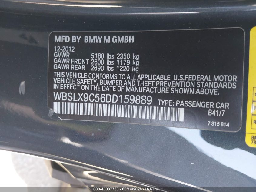 2013 BMW M6 VIN: WBSLX9C56DD159889 Lot: 40087733