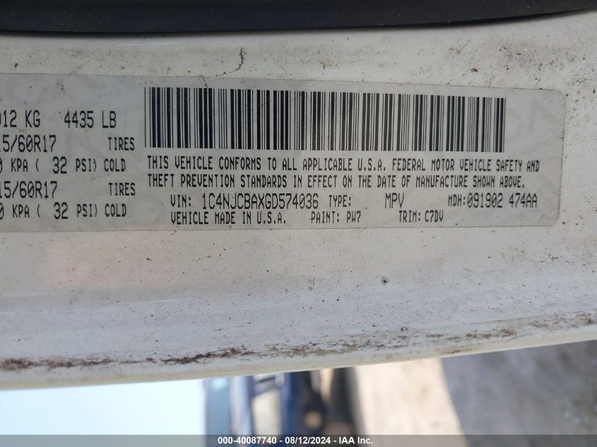 2016 Jeep Compass Sport VIN: 1C4NJCBAXGD574036 Lot: 40087740