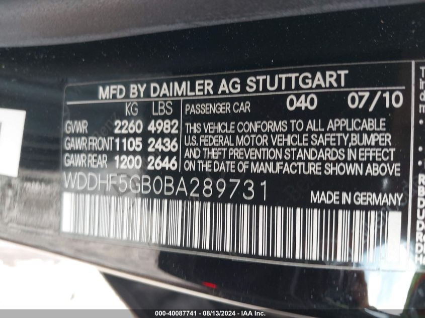 2011 Mercedes-Benz E 350 VIN: WDDHF5GB0BA289731 Lot: 40087741