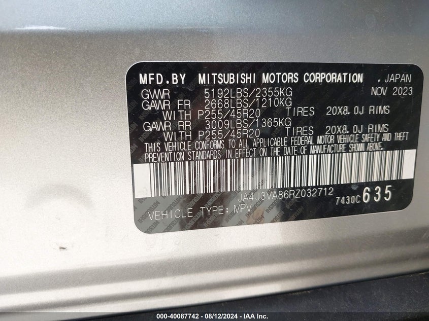 2024 Mitsubishi Outlander Se 2.5 2Wd/Se Black Edition S-Awc/Se Black Edition W/Pano Roof VIN: JA4J3VA86RZ032712 Lot: 40087742