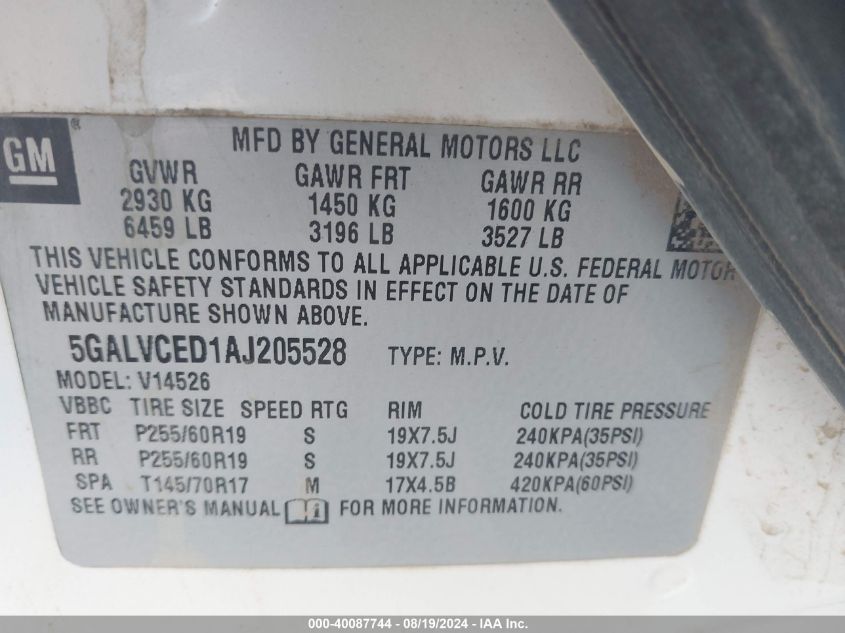 2010 Buick Enclave 2Xl VIN: 5GALVCED1AJ205528 Lot: 40087744