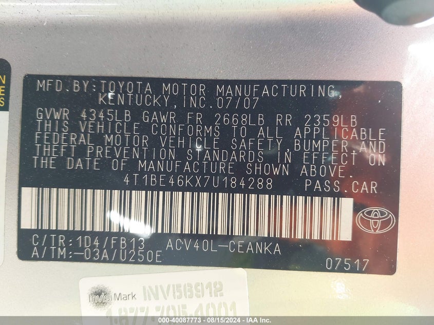 2007 Toyota Camry Le VIN: 4T1BE46KX7U184288 Lot: 40087773