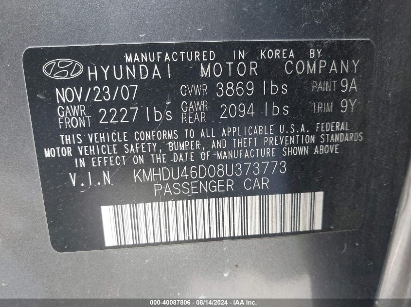 2008 Hyundai Elantra Gls/Se/Limited VIN: KMHDU46D08U37377 Lot: 40087806