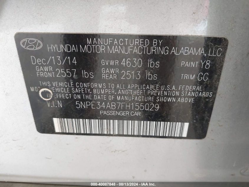 2015 Hyundai Sonata Sport/Limited VIN: 5NPE34AB7FH155029 Lot: 40087848