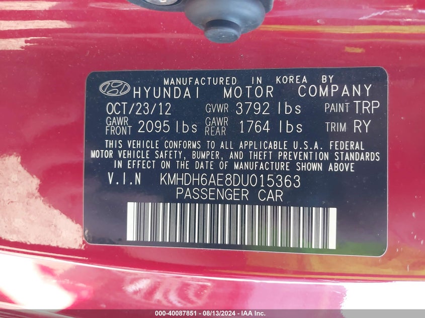 KMHDH6AE8DU015363 2013 Hyundai Elantra Gs/Se