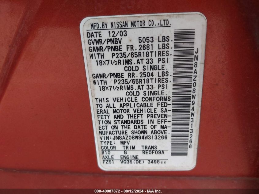 2004 Nissan Murano Sl VIN: JN8AZ08W94W313266 Lot: 40087872