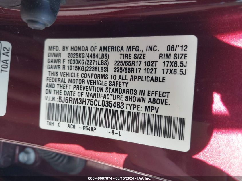 2012 Honda Cr-V Exl VIN: 5J6RM3H75CL035483 Lot: 40087874