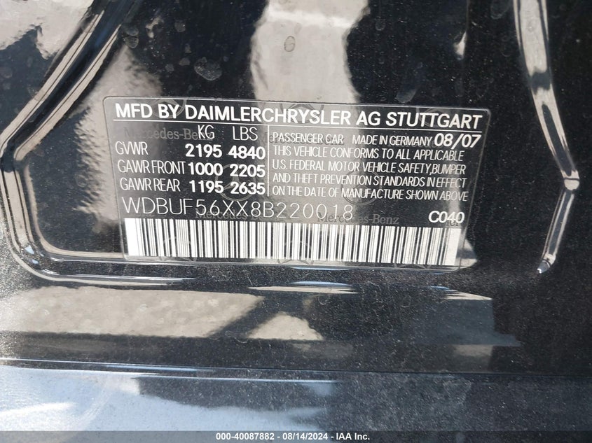 2008 Mercedes-Benz E 350 VIN: WDBUF56XX8B220018 Lot: 40087882