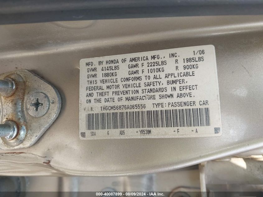 2006 Honda Accord 2.4 Ex VIN: 1HGCM56876A065556 Lot: 40087899