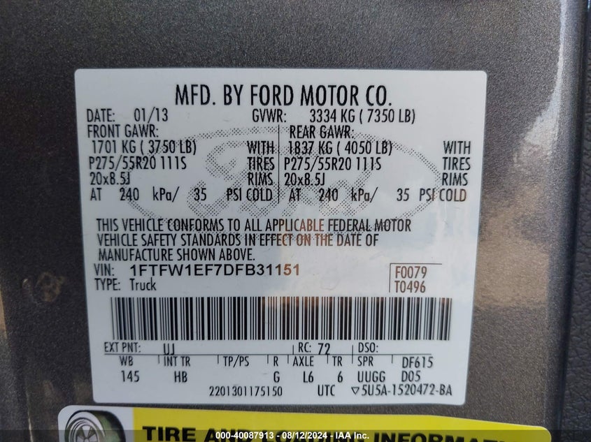 2013 Ford F-150 Lariat VIN: 1FTFW1EF7DFB31151 Lot: 40087913