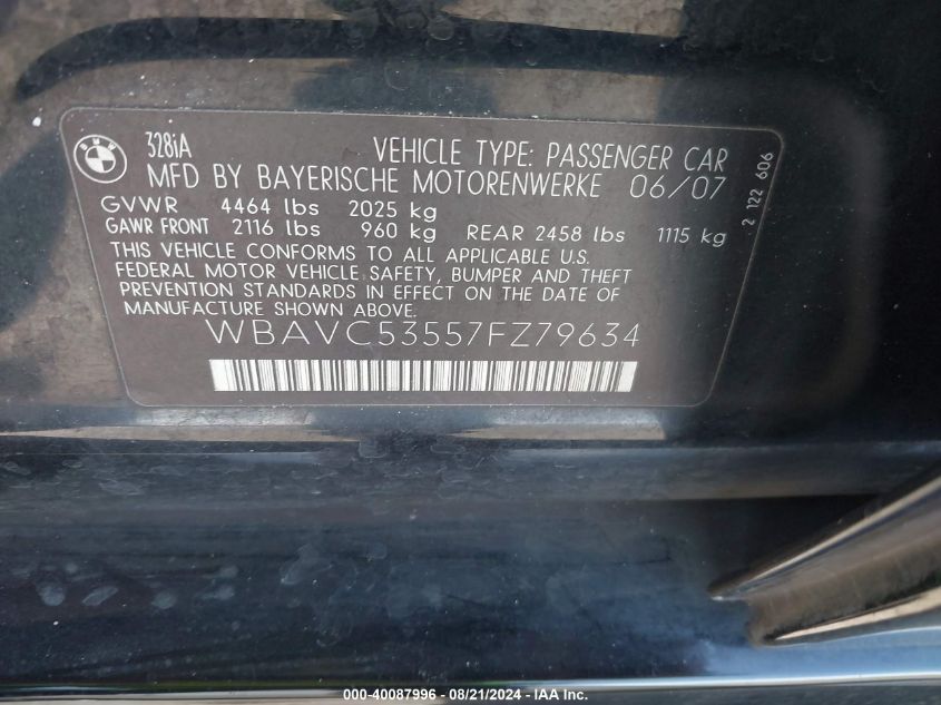 2007 BMW 328I VIN: WBAVC53557FZ79634 Lot: 40087996