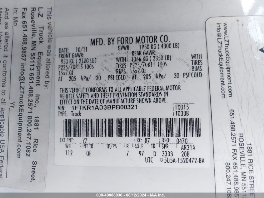 2011 Ford Ranger Xl VIN: 1FTKR1AD3BPB00321 Lot: 40088030