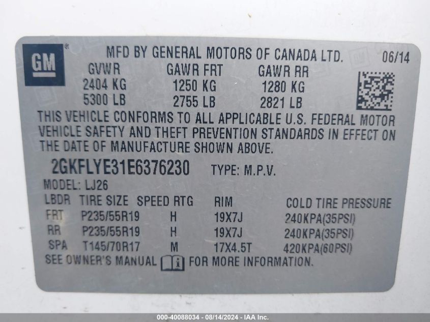 2014 GMC Terrain Slt-2 VIN: 2GKFLYE31E6376230 Lot: 40088034