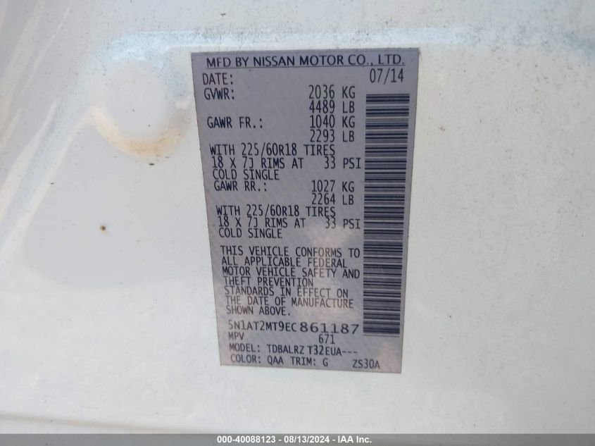 2014 Nissan Rogue Sl VIN: 5N1AT2MT9EC861187 Lot: 40088123