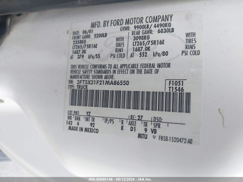 2001 Ford F-350 Lariat/Xl/Xlt VIN: 3FTSX31F21MA86550 Lot: 40088146