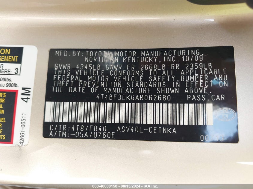 2010 Toyota Camry Se/Le/Xle VIN: 4T4BF3EK6AR062680 Lot: 40088158