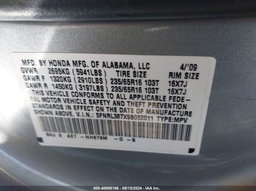 2009 Honda Odyssey Ex-L VIN: 5FNRL387X9B052011 Lot: 40088166
