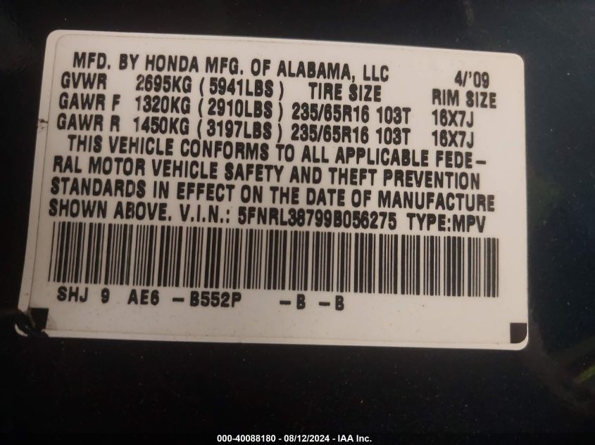 2009 Honda Odyssey Ex-L VIN: 5FNRL38799B056275 Lot: 40088180