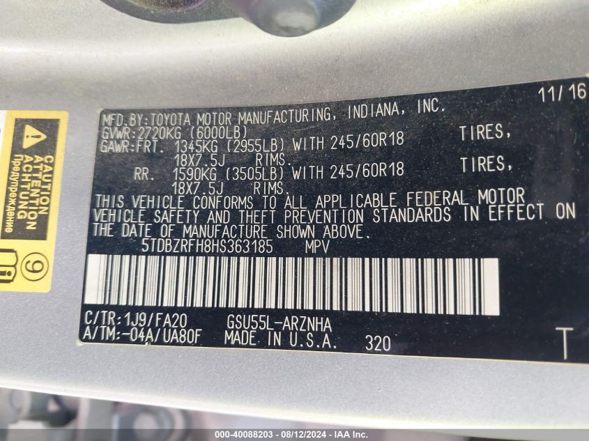 2017 Toyota Highlander Le Plus VIN: 5TDBZRFH8HS363185 Lot: 40088203